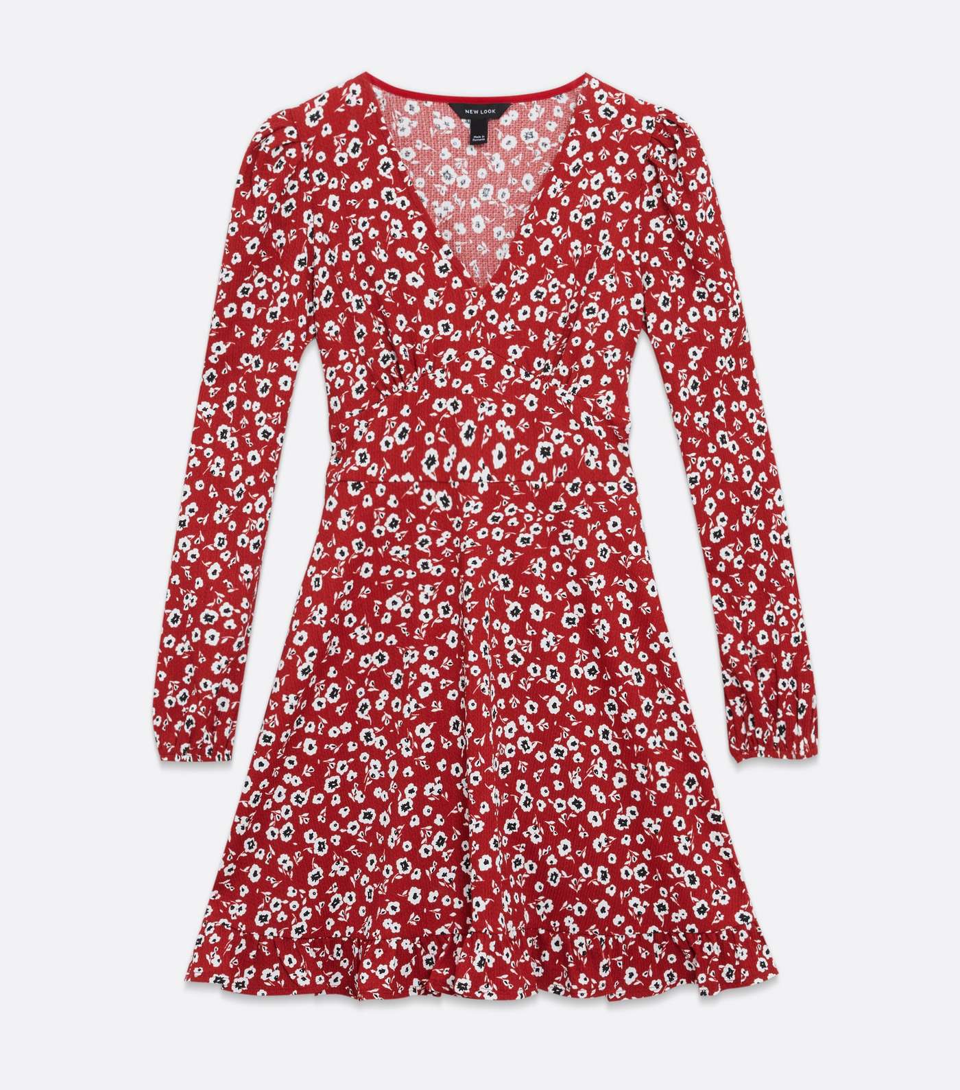 Red Ditsy Floral Long Sleeve Frill Mini Dress Image 5
