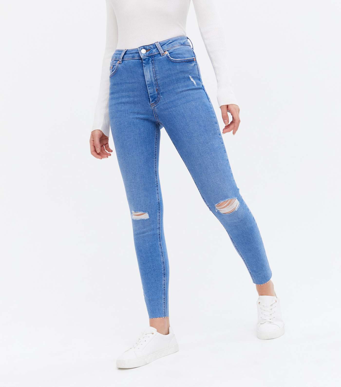 Bright Blue Ripped Knee High Waist Ashleigh Skinny Jeans Image 2
