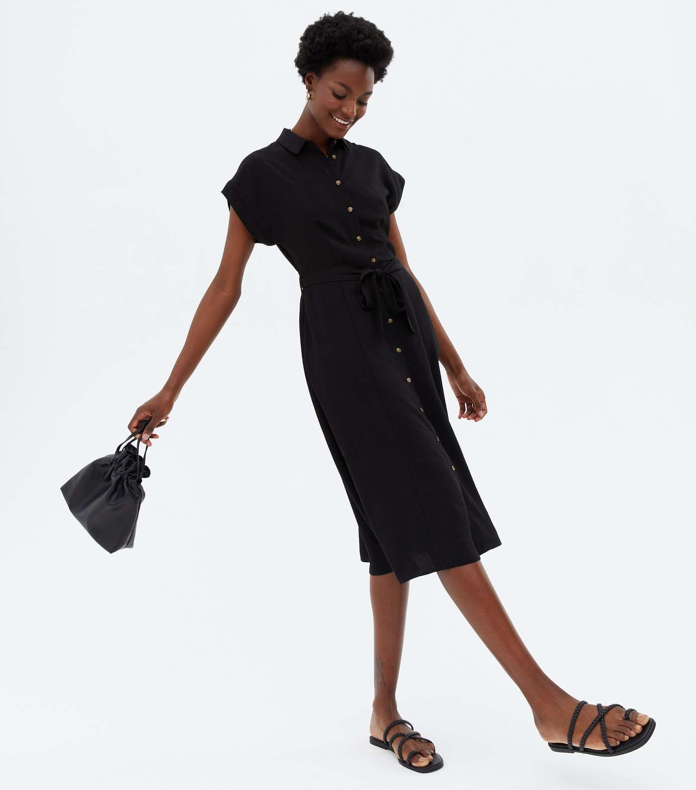 Black Tie Waist Midi Shirt Dress Image 2