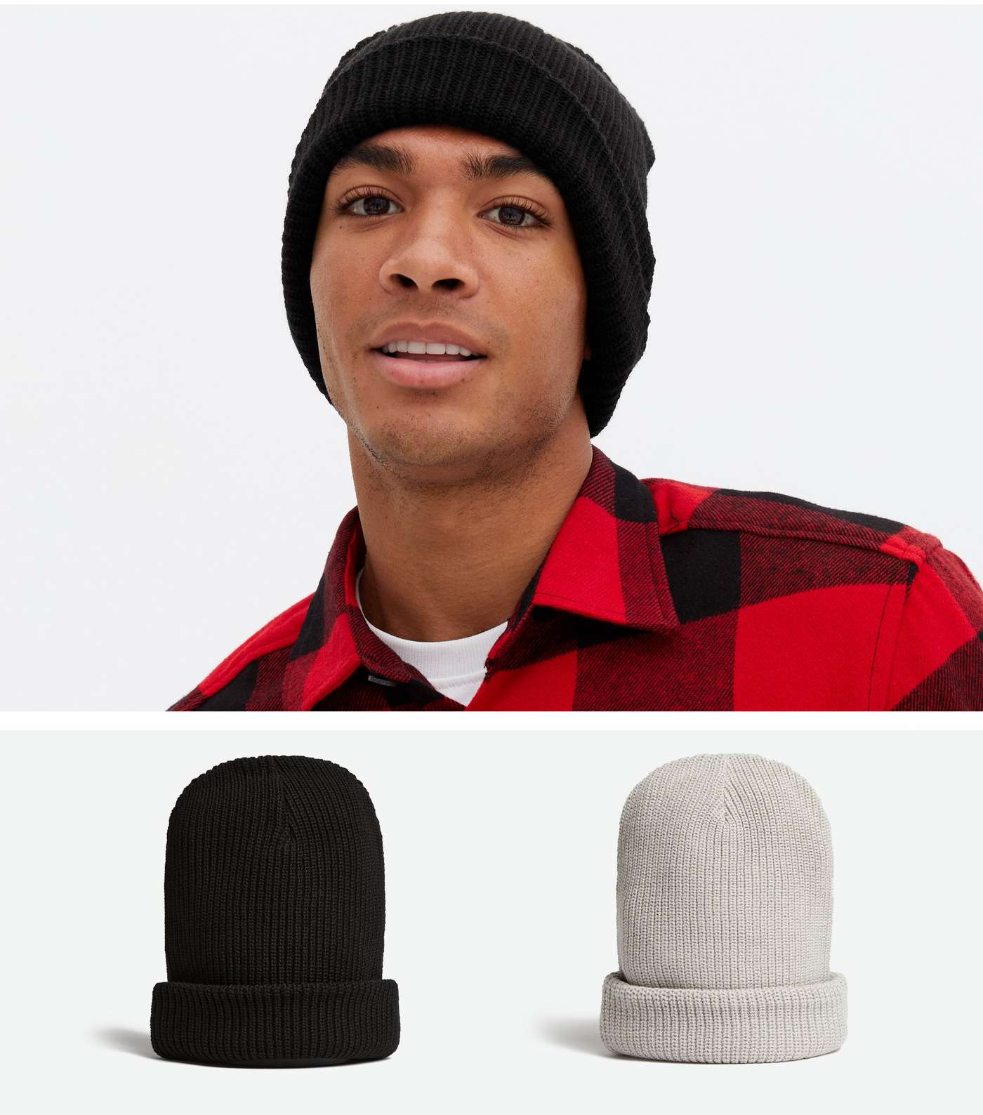 2 Pack Black and Grey Ribbed Knit Beanies