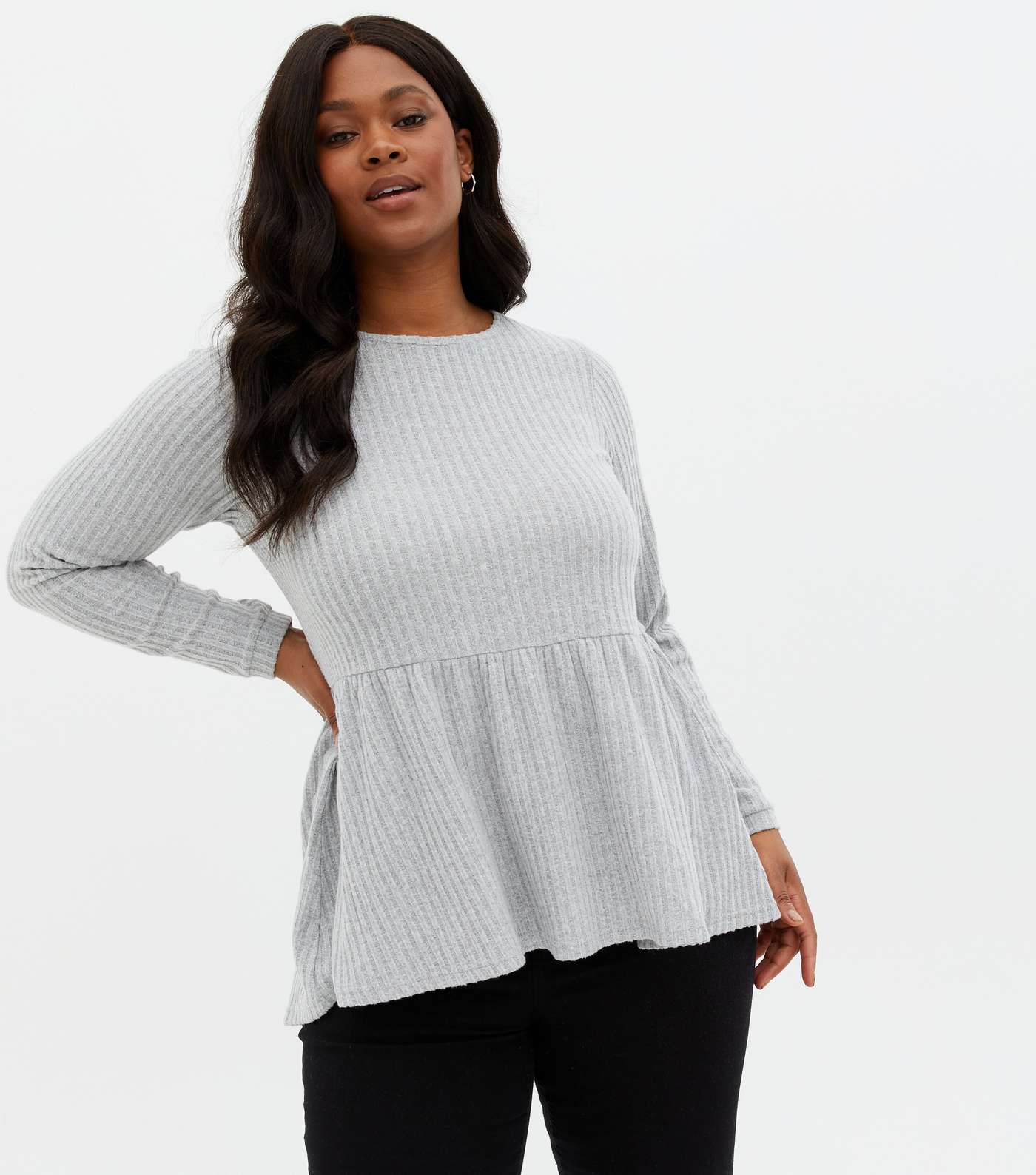 Curves Pale Grey Ribbed Fine Knit Peplum Top