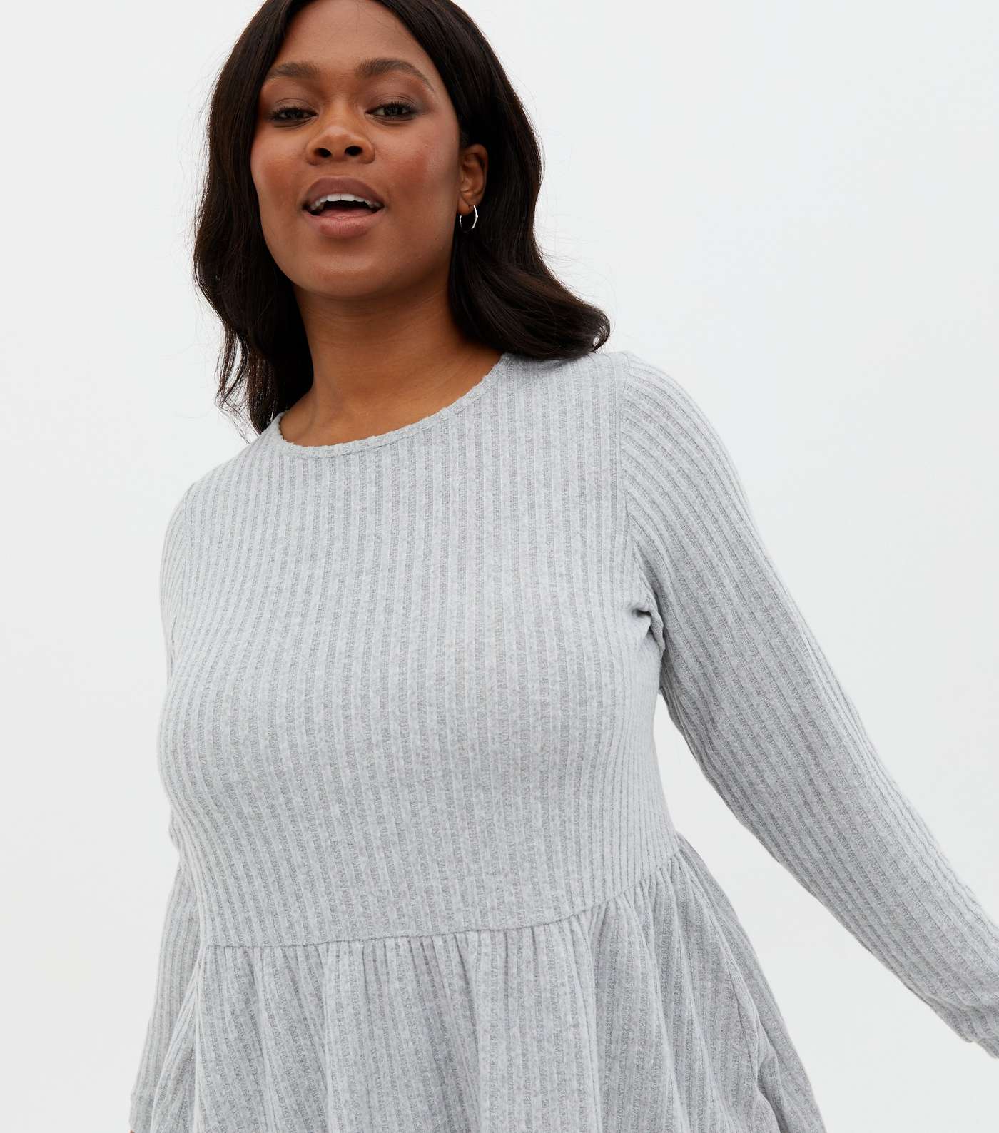 Curves Pale Grey Ribbed Fine Knit Peplum Top Image 3