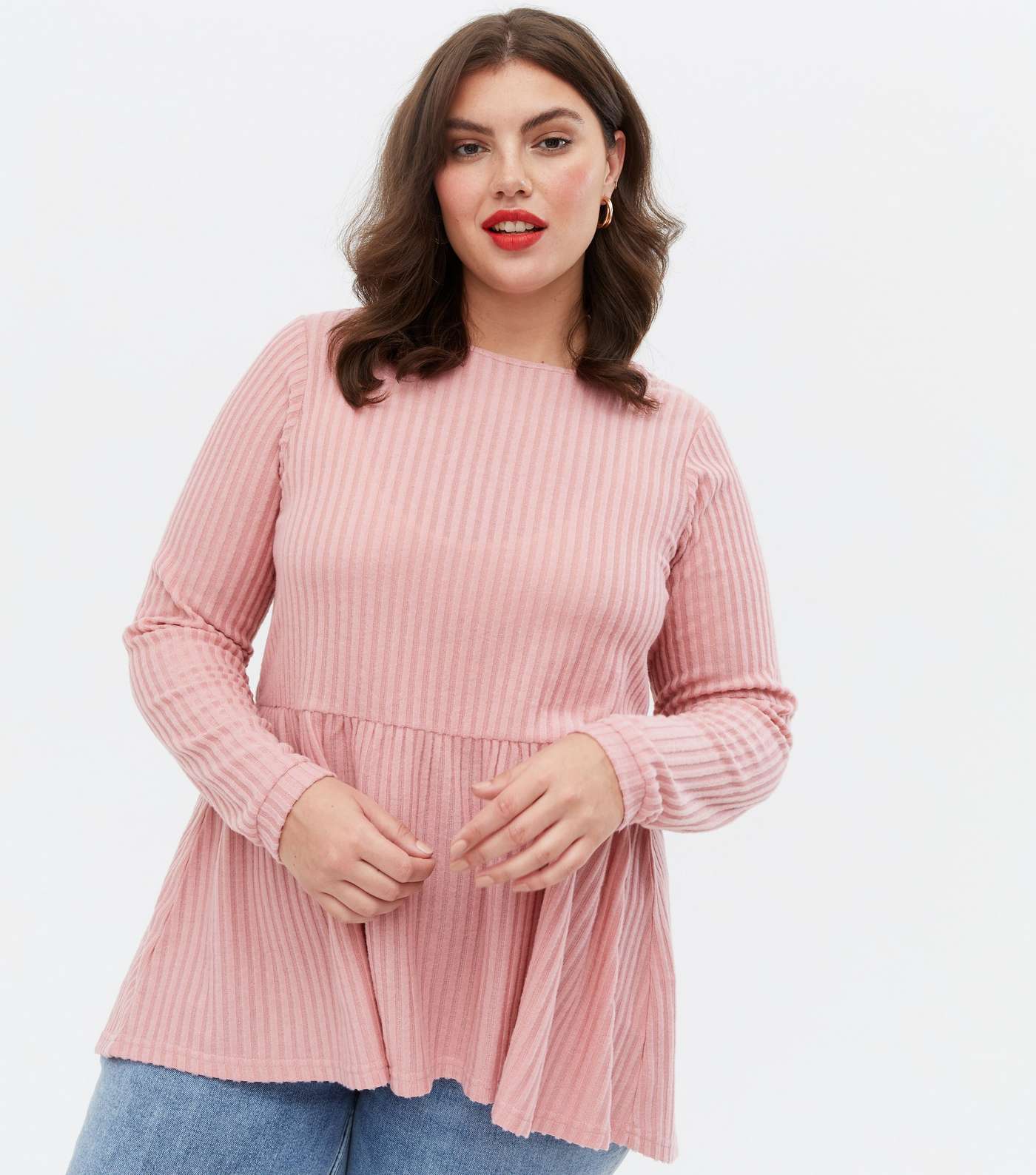 Curves Mid Pink Ribbed Fine Knit Peplum Top