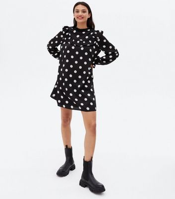 Black Spot Satin Yoke Frill Mini Smock Dress New Look