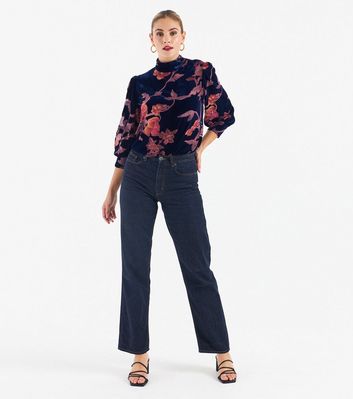 Zibi London Blue Floral Velvet High Neck Blouse New Look