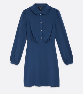 Navy Faux Pearl Button Frill Collar Mini Shirt Dress