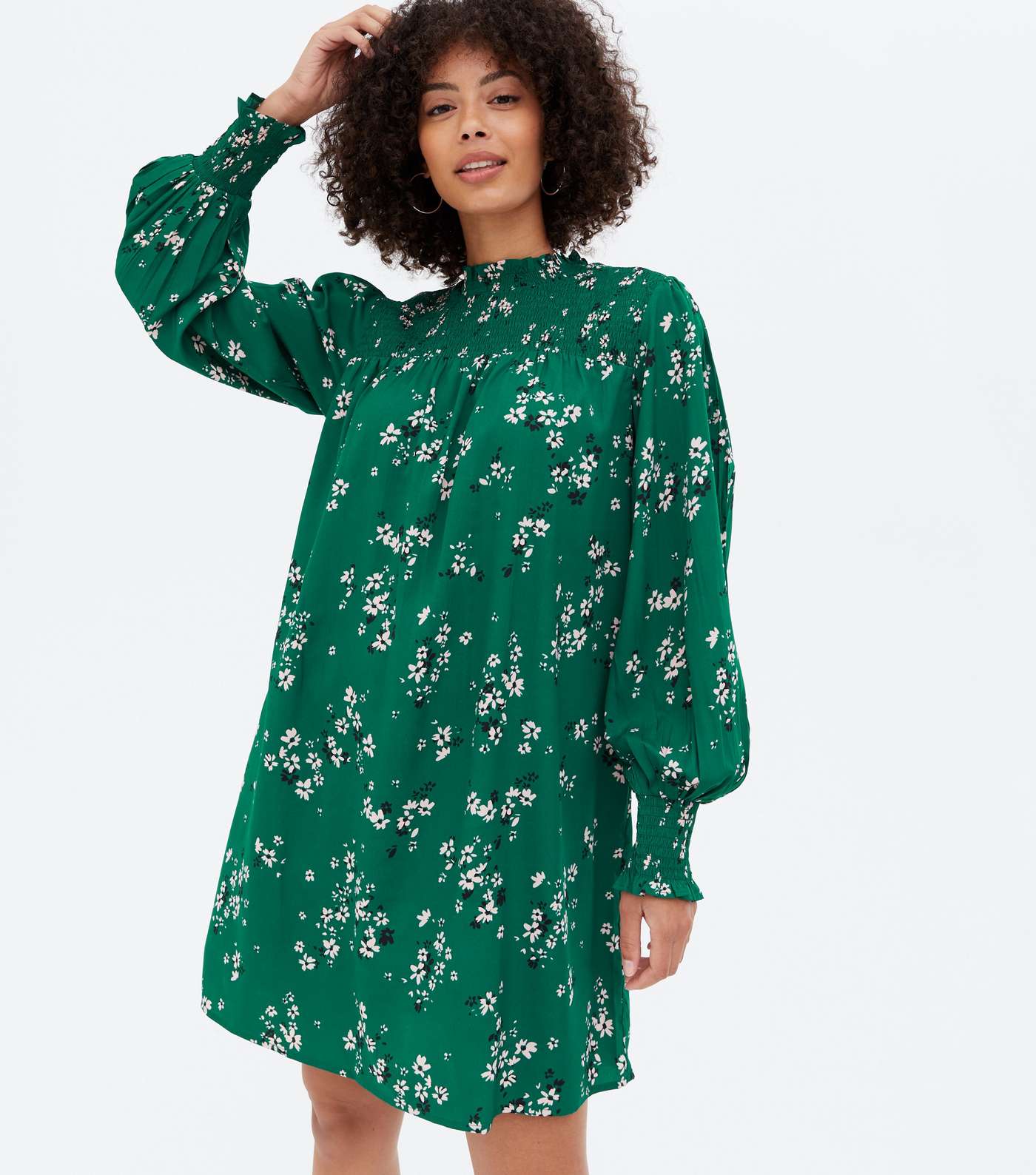 Tall Green Floral Shirred Frill High Neck Mini Dress Image 2