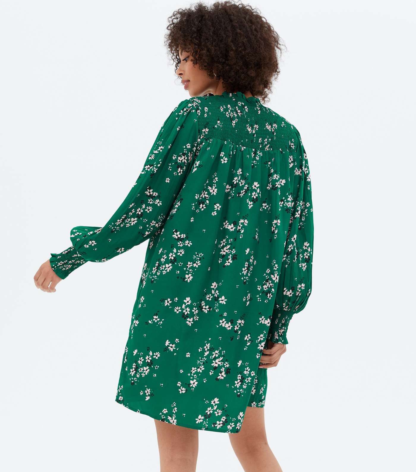 Tall Green Floral Shirred Frill High Neck Mini Dress Image 4