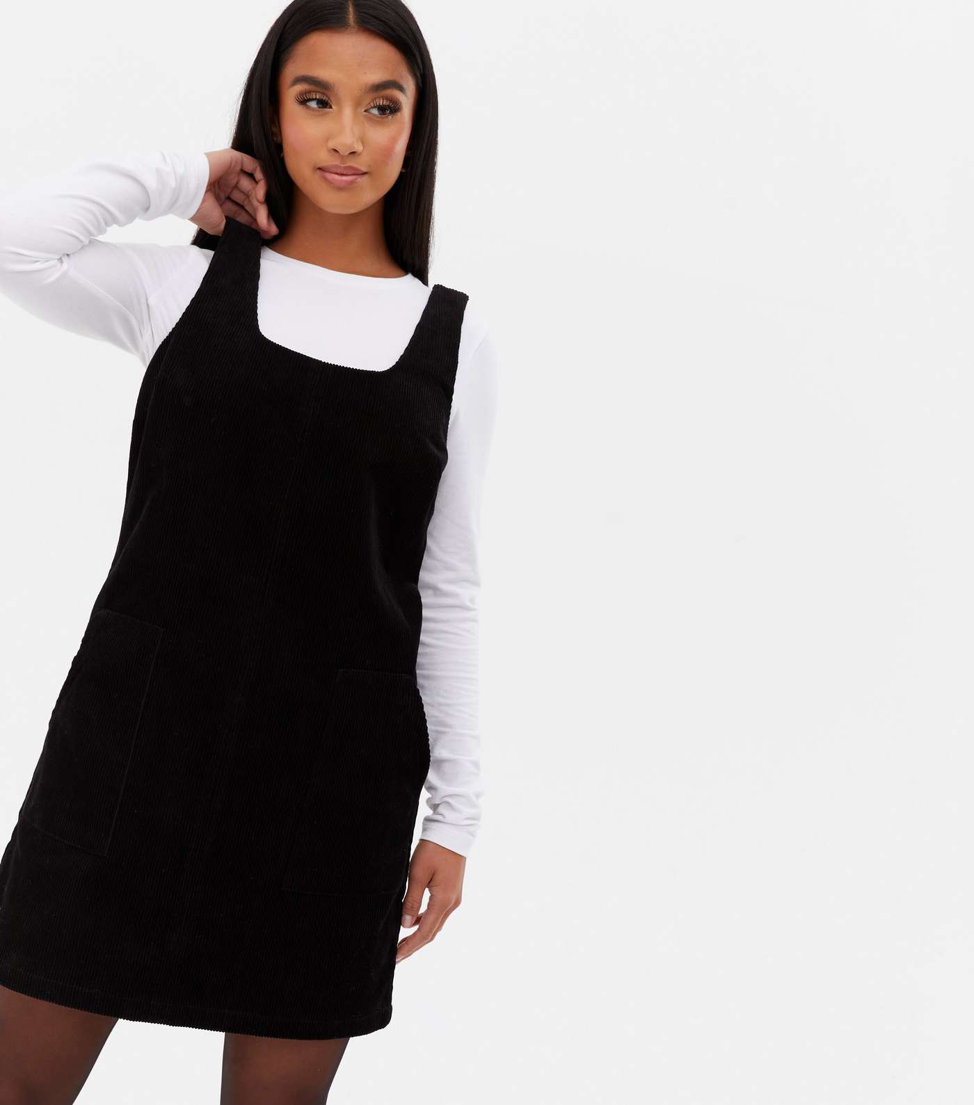 Petite Black Cord Mini Pinafore Dress Image 2