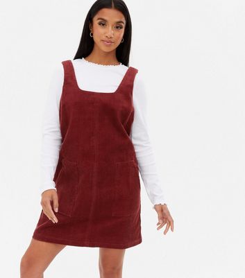 Petite Burgundy Cord Mini Pinafore Dress New Look