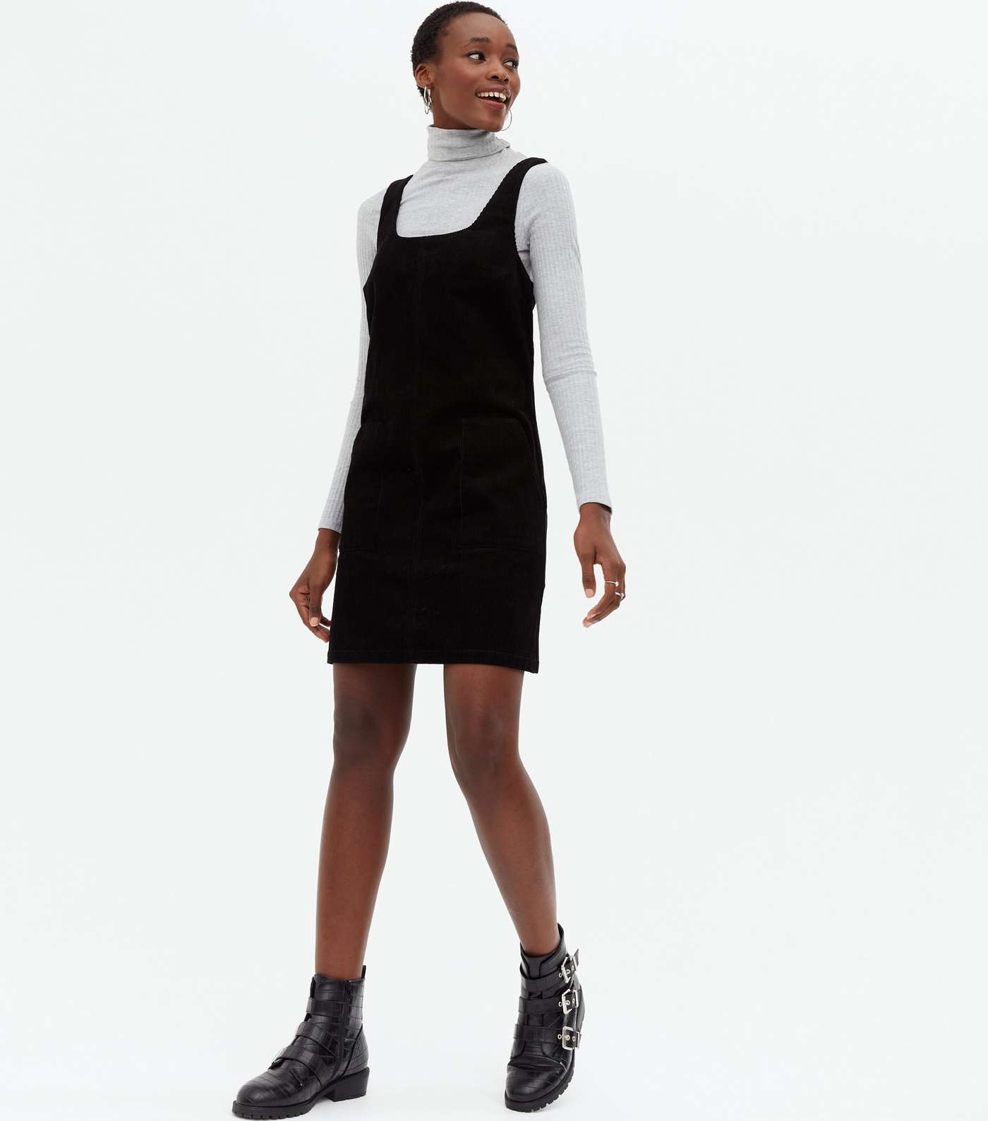 Tall Black Cord Mini Pinafore Dress Image 2