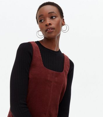 Tall Burgundy Cord Mini Pinafore Dress New Look