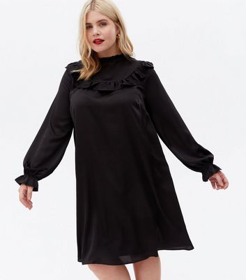 Curves Black Satin Yoke Frill Mini Oversized Smock Dress New Look