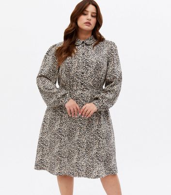 Curves Brown Leopard Print Frill Collar Mini Shirt Dress New Look