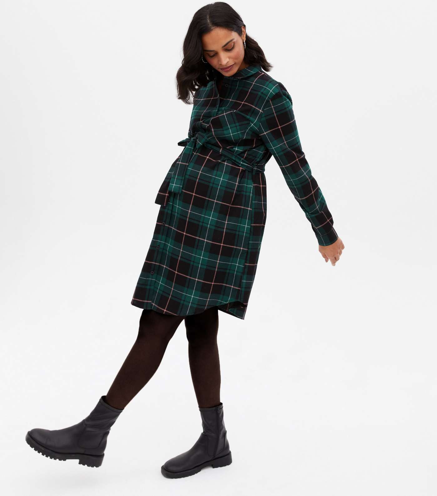 Maternity Green Check Belted Shirt Dress Image 2