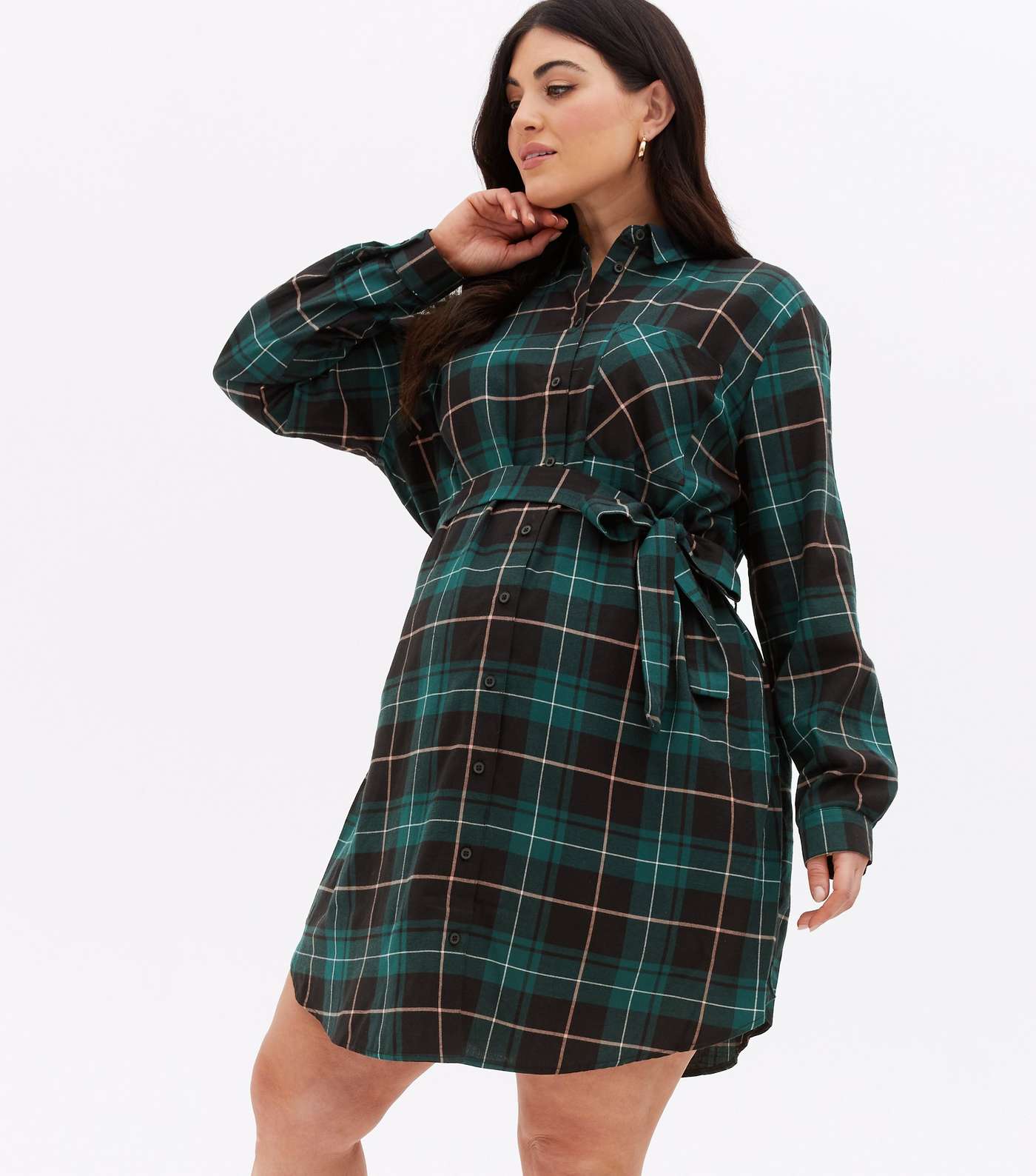 Maternity Green Check Belted Shirt Dress Image 4