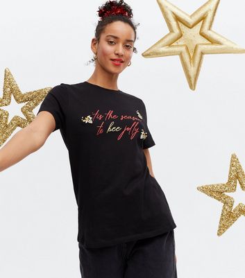 Click to view product details and reviews for Black Christmas Gem Bee Tis The Season Logo T Shirt New Look.