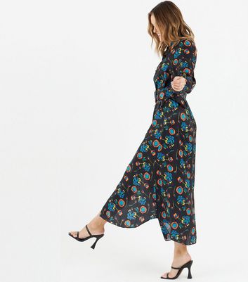 Zibi London Black Floral Satin Maxi Shirt Dress New Look