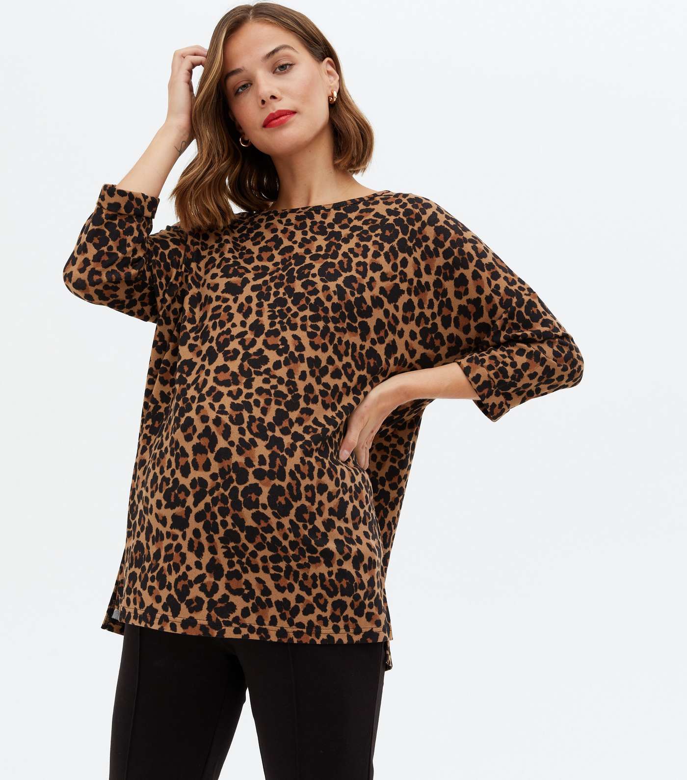 Maternity Brown Leopard Print Fine Knit Step Hem Top