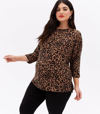 Maternity Brown Leopard Print Fine Knit Step Hem Top New Look