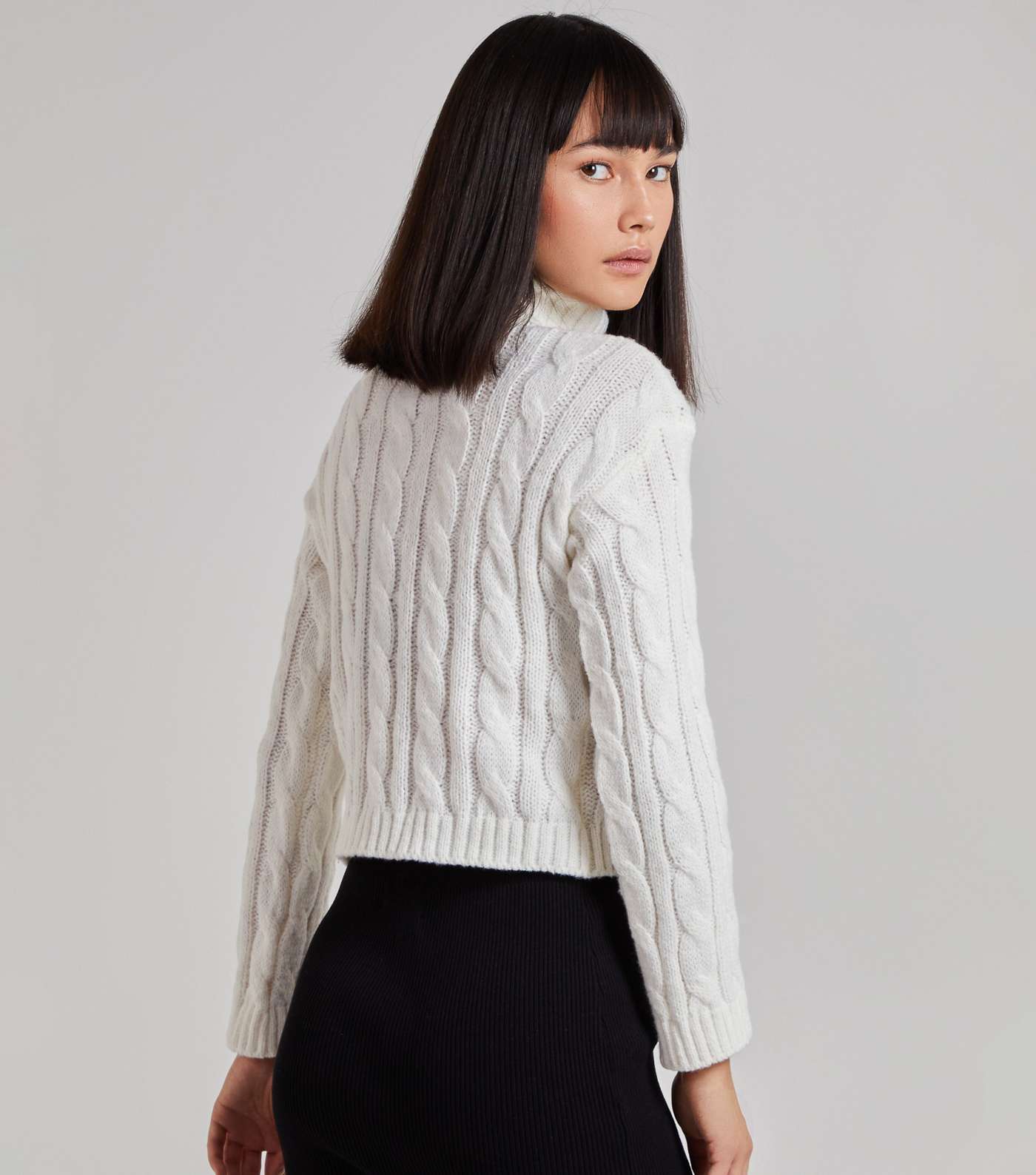 Pink Vanilla White Cable Knit Roll Neck Crop Jumper Image 3