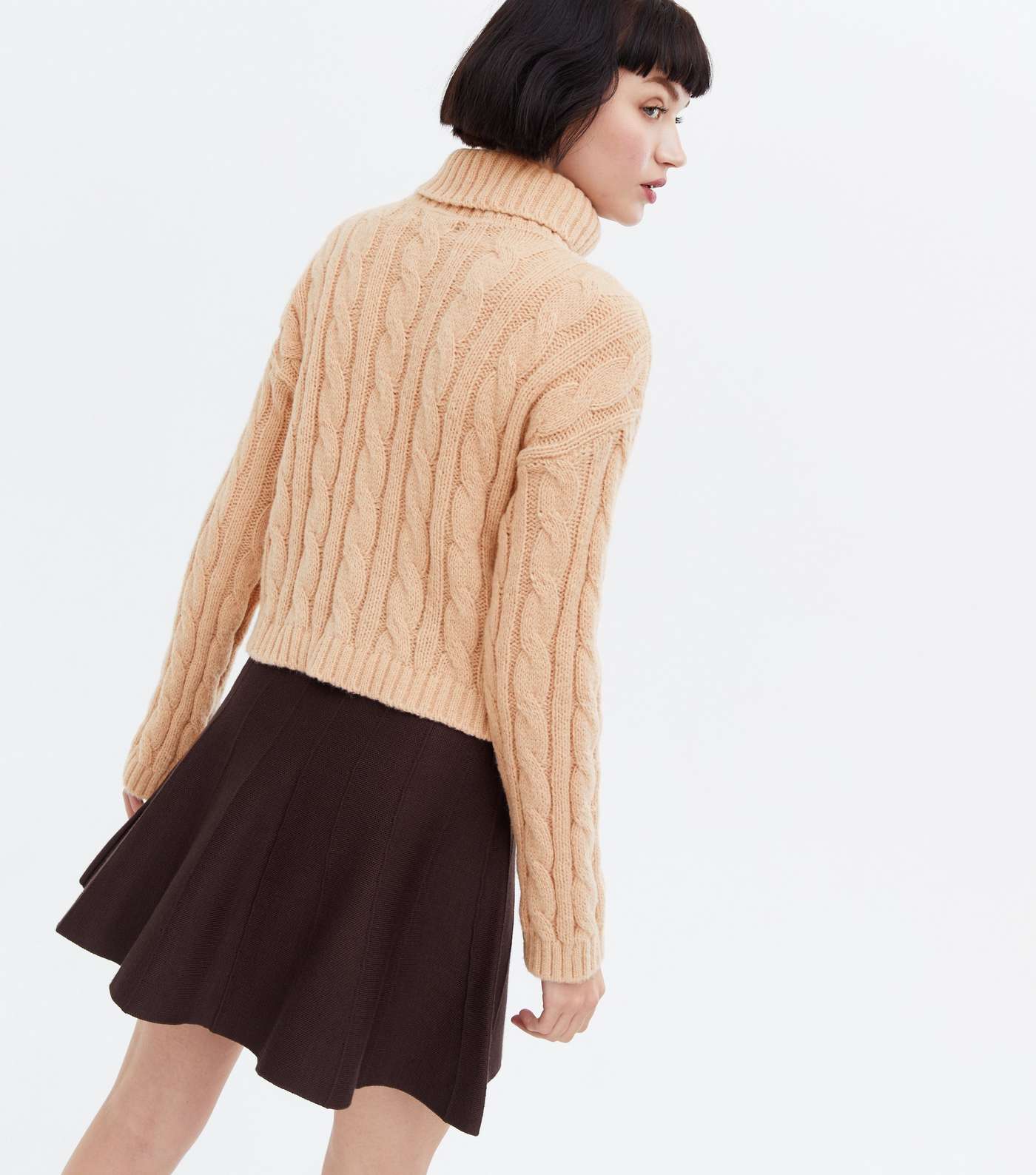 Pink Vanilla Camel Cable Knit Roll Neck Crop Jumper Image 4