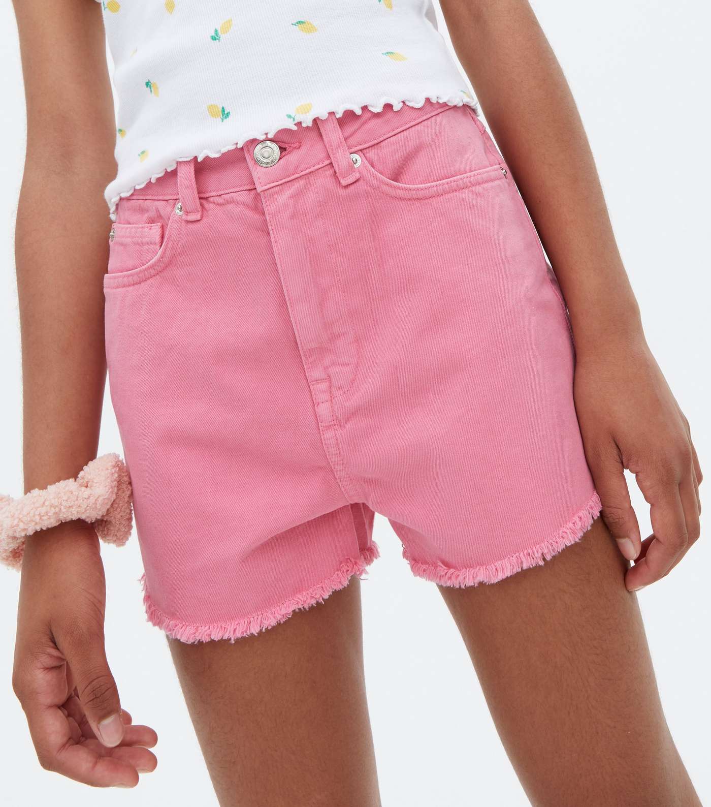Girls Mid Pink Denim Frayed Mom Shorts Image 3