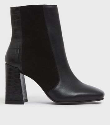 Black Leather Faux Croc Flared Block Heel Ankle Boots New Look