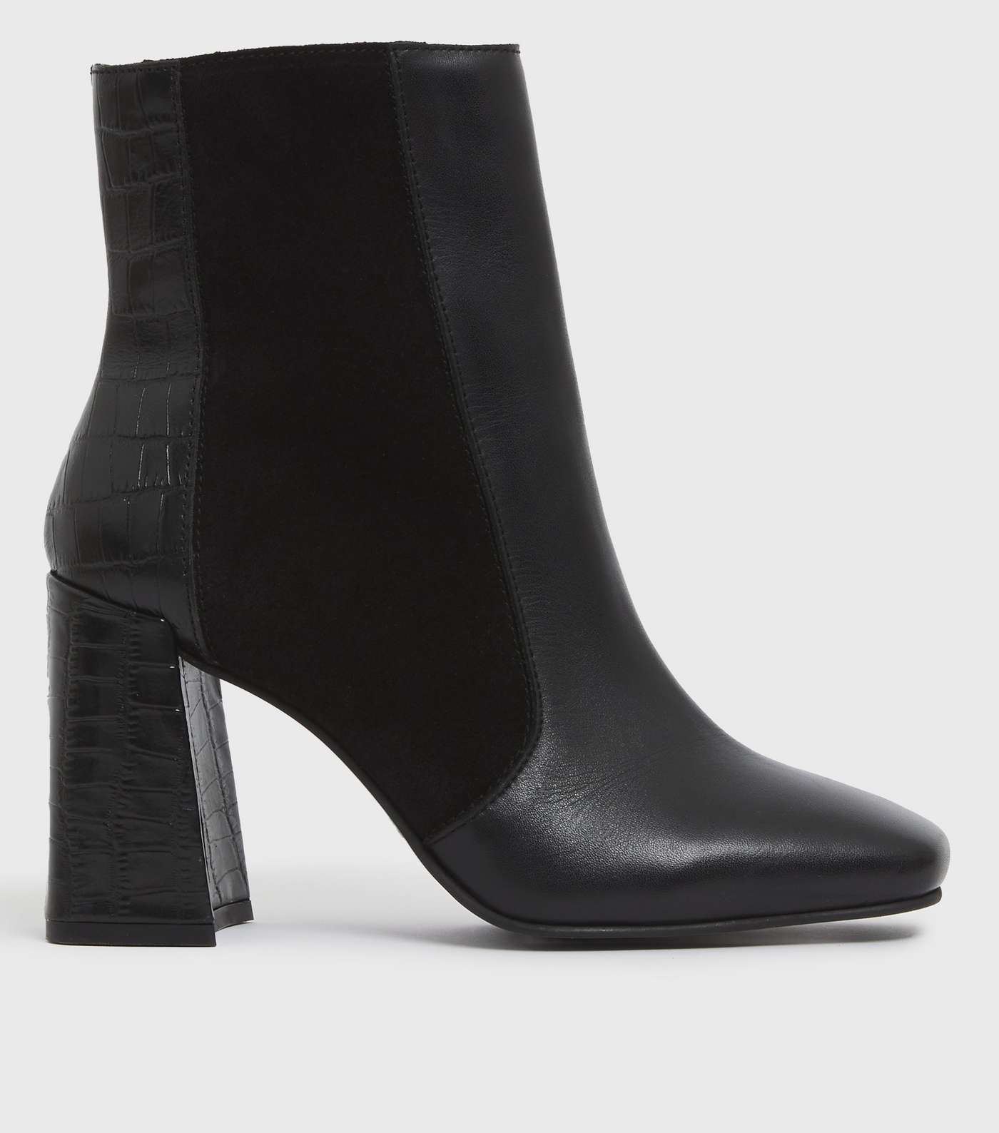 Black Leather Faux Croc Flared Block Heel Ankle Boots