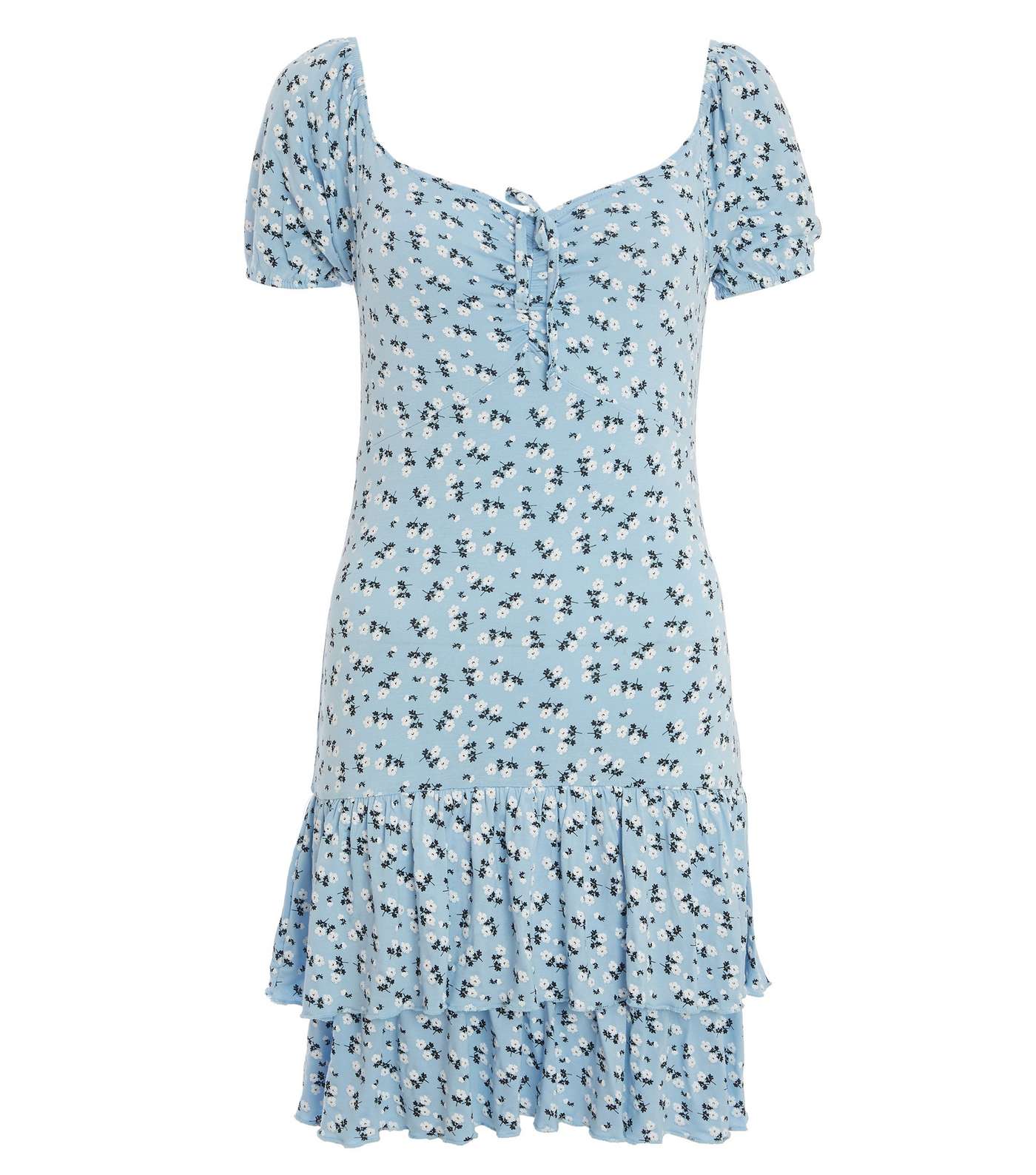 QUIZ Pale Blue Ditsy Floral Frill Tiered Mini Dress Image 4