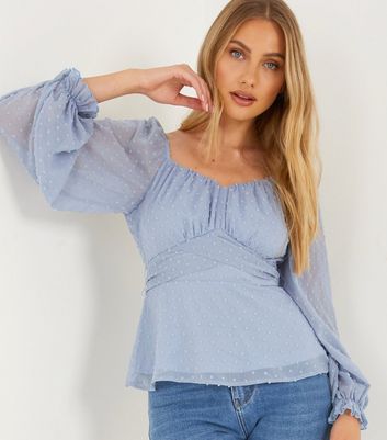 QUIZ Pale Blue Spot Chiffon Peplum 
