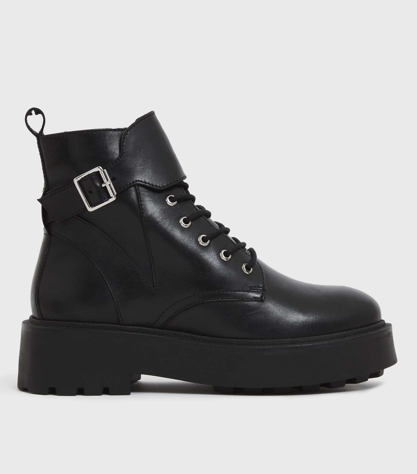 Black Leather Buckle Lace Up Chunky Biker Boots