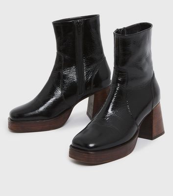 shop for Black Leather Platform Block Heel Ankle Boots New Look at Shopo