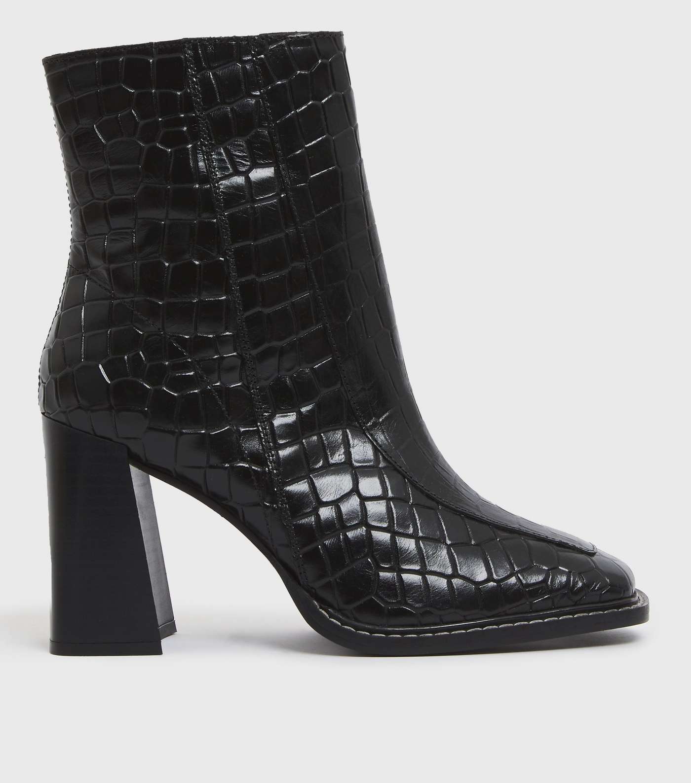 Black Leather Faux Croc Flared Block Heel Ankle Boots Image 3