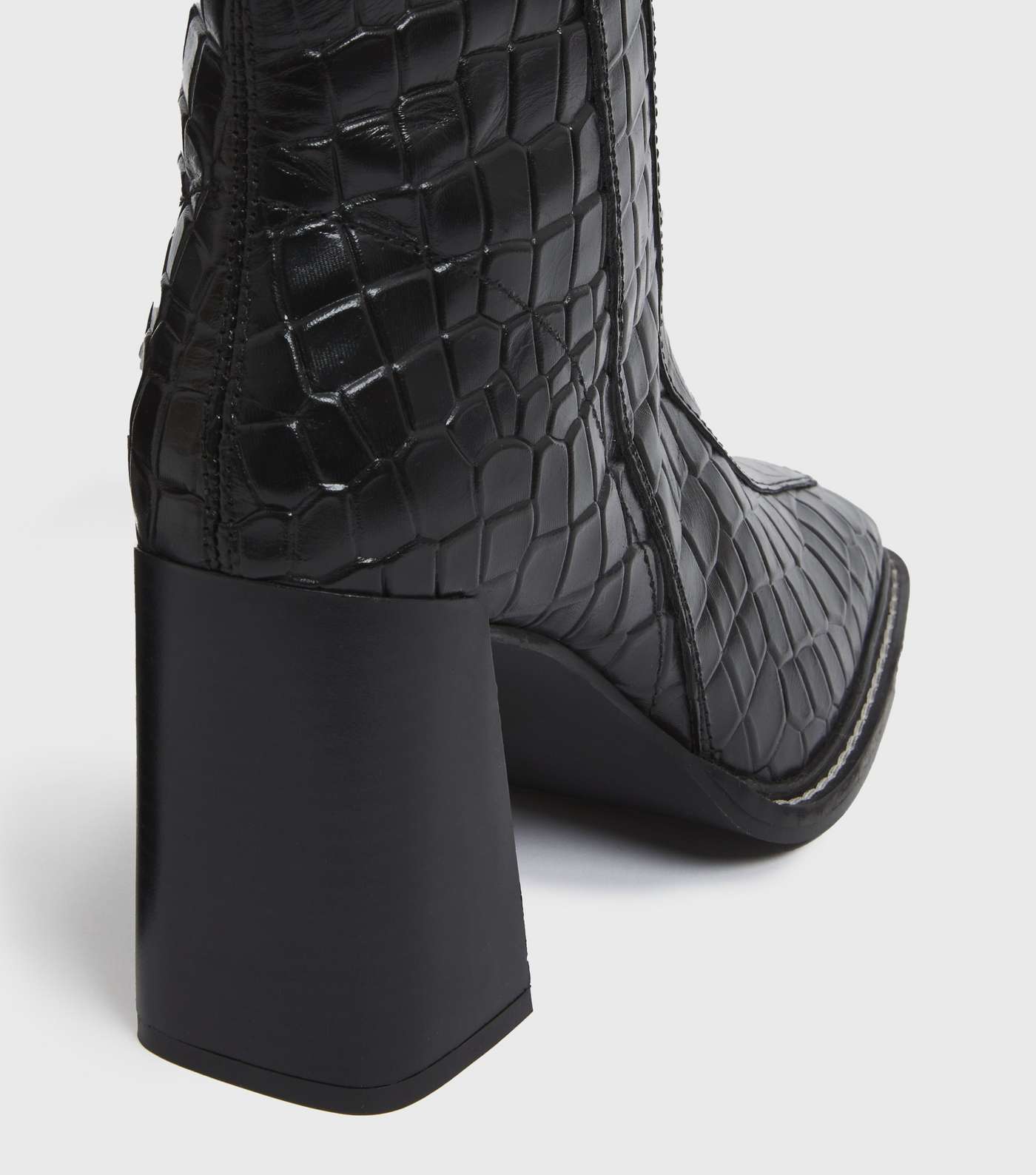 Black Leather Faux Croc Flared Block Heel Ankle Boots Image 5