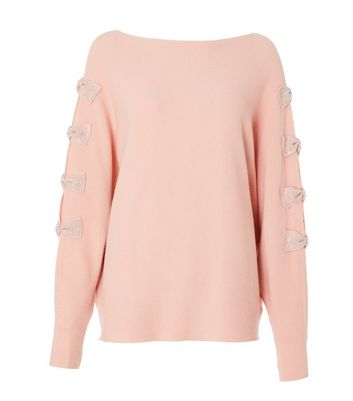 QUIZ Pink Diamante Bow Sleeve Jumper New Look