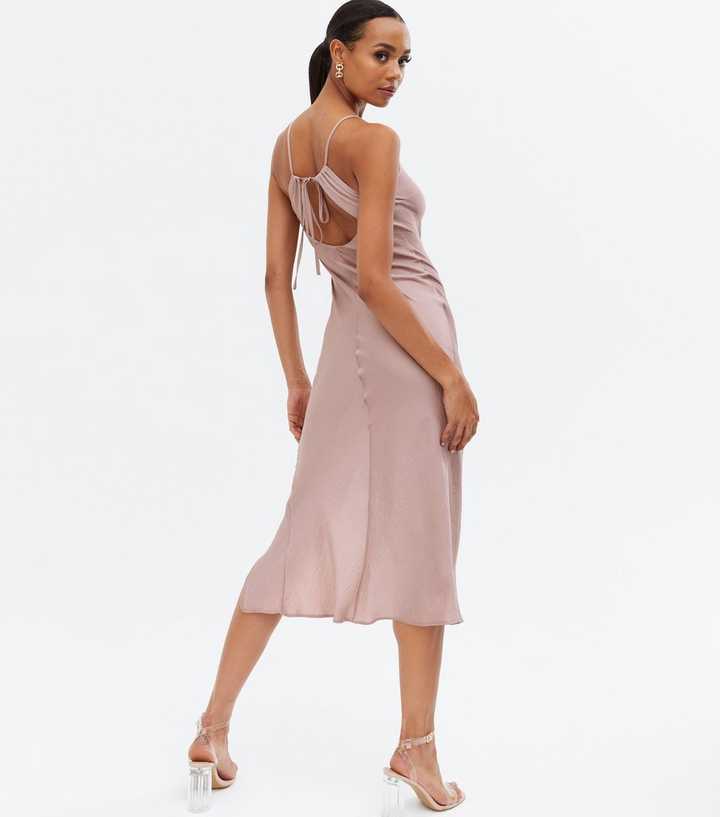 Pink Satin Open Back Split Hem Midi Slip Dress