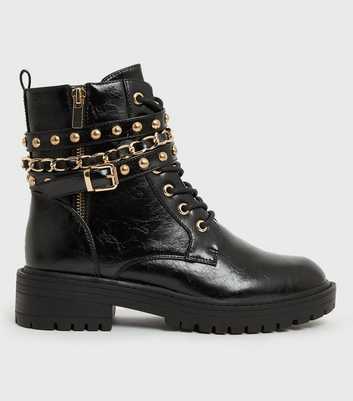 Black Stud Chain Trim Chunky Ankle Boots