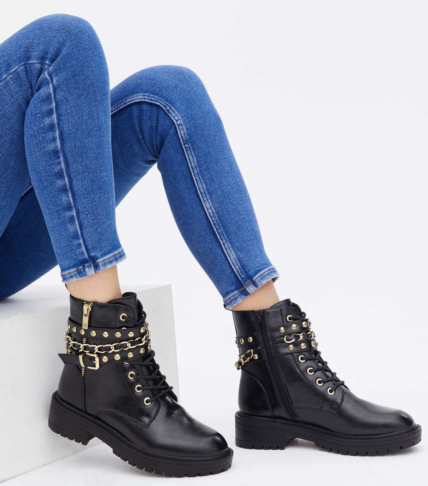 Black Stud Chain Trim Chunky Ankle Boots Image 2
