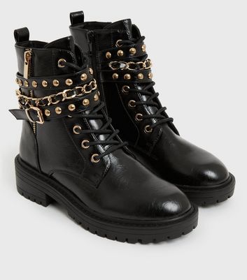 Black Stud Chain Trim Chunky Ankle Boots New Look Vegan