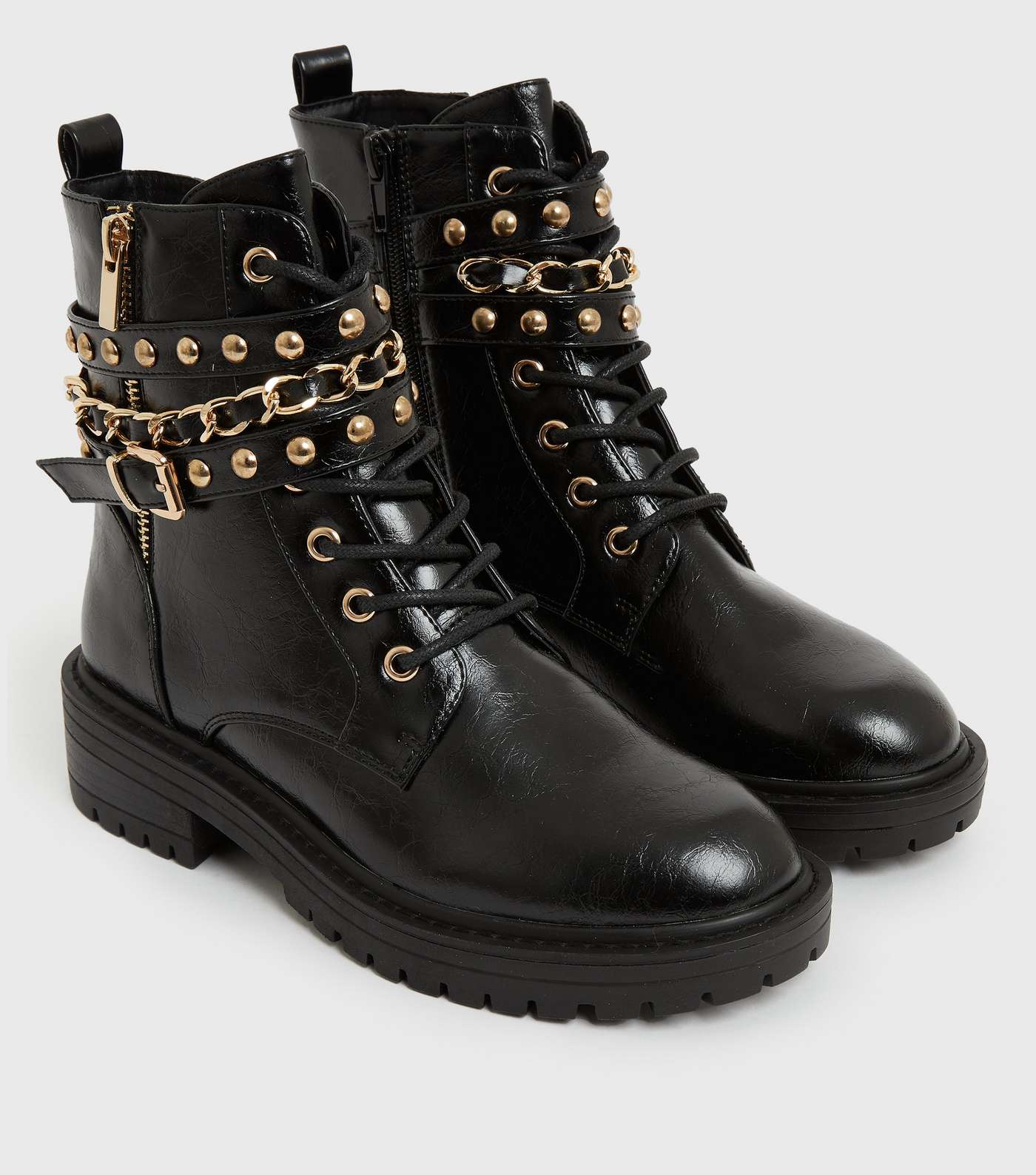 Black Stud Chain Trim Chunky Ankle Boots Image 4