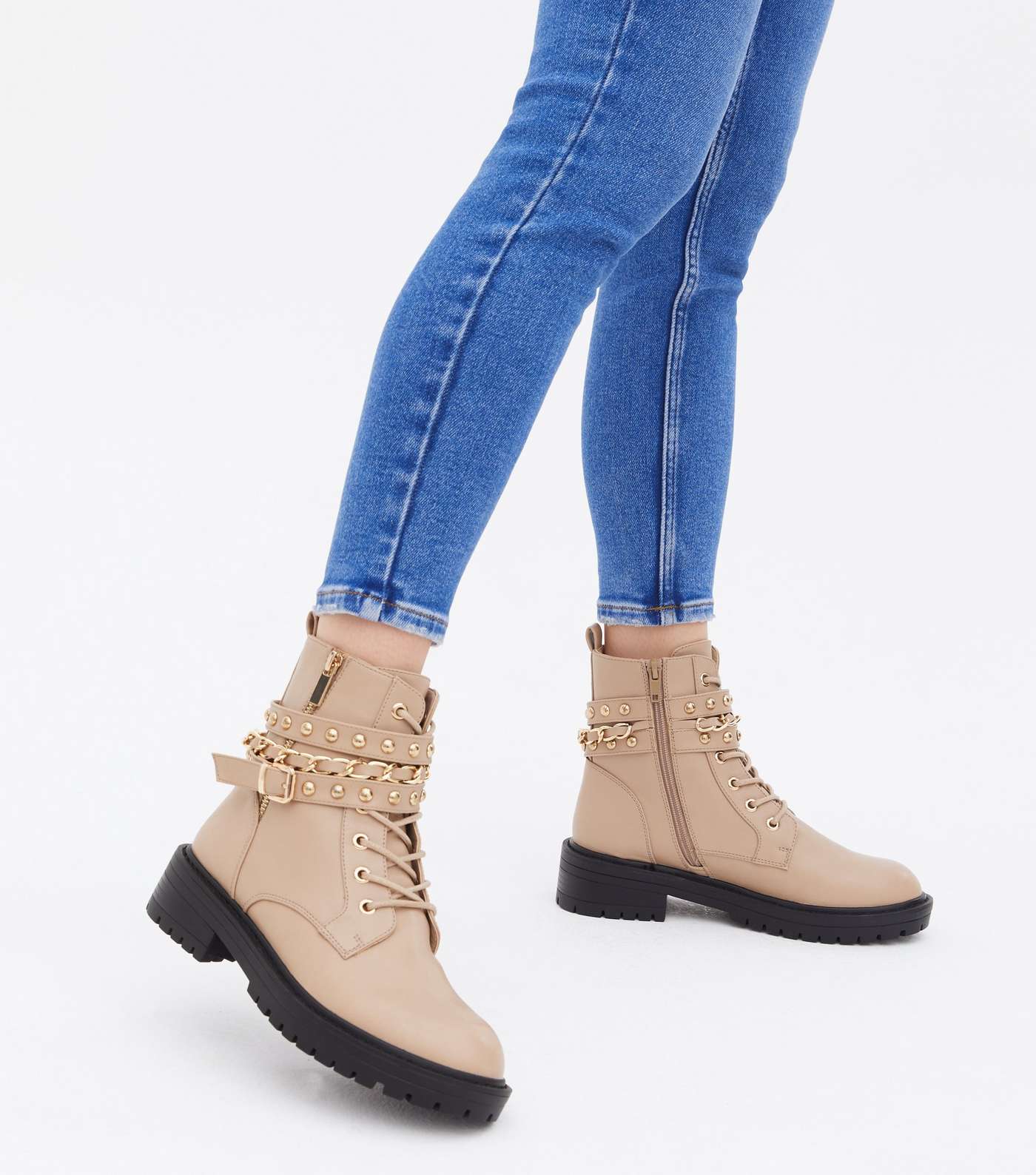 Camel Stud Chain Trim Chunky Ankle Boots Image 2
