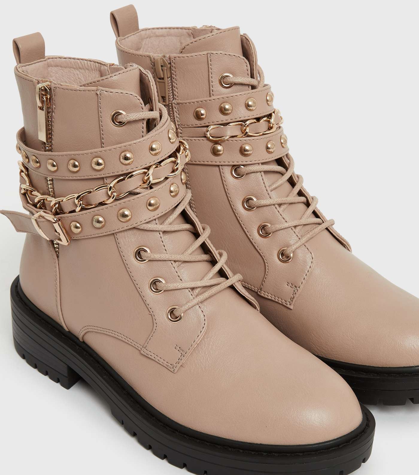 Camel Stud Chain Trim Chunky Ankle Boots Image 4