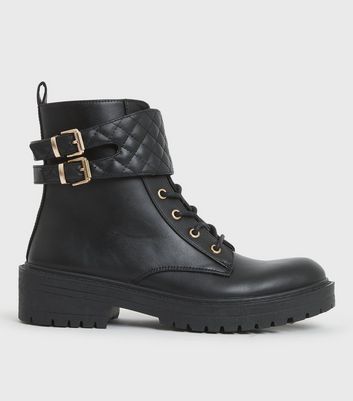 Click to view product details and reviews for Black Quilted Buckle Trim Chunky Biker Boots New Look Vegan.