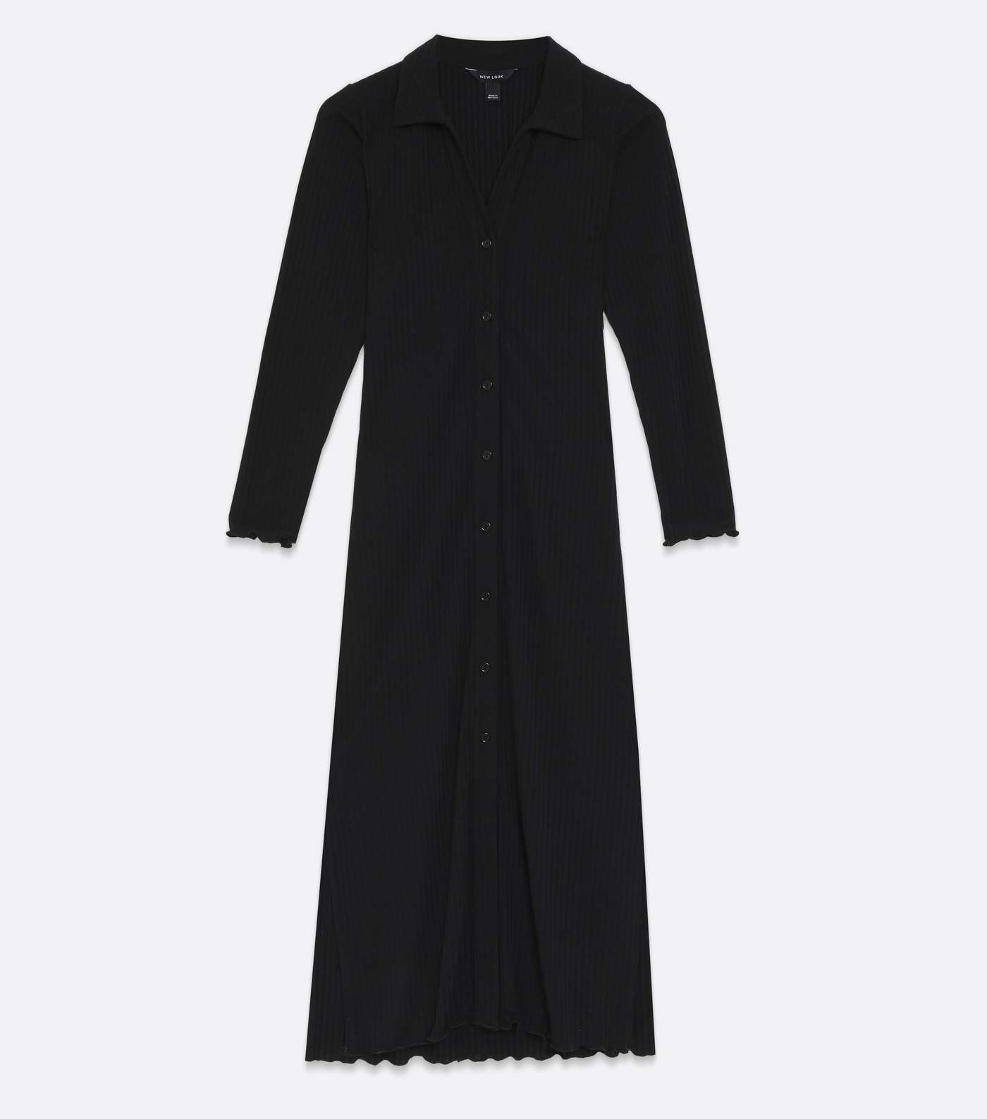 Black Ribbed Jersey Frill Midi Shirt Dress Image 5