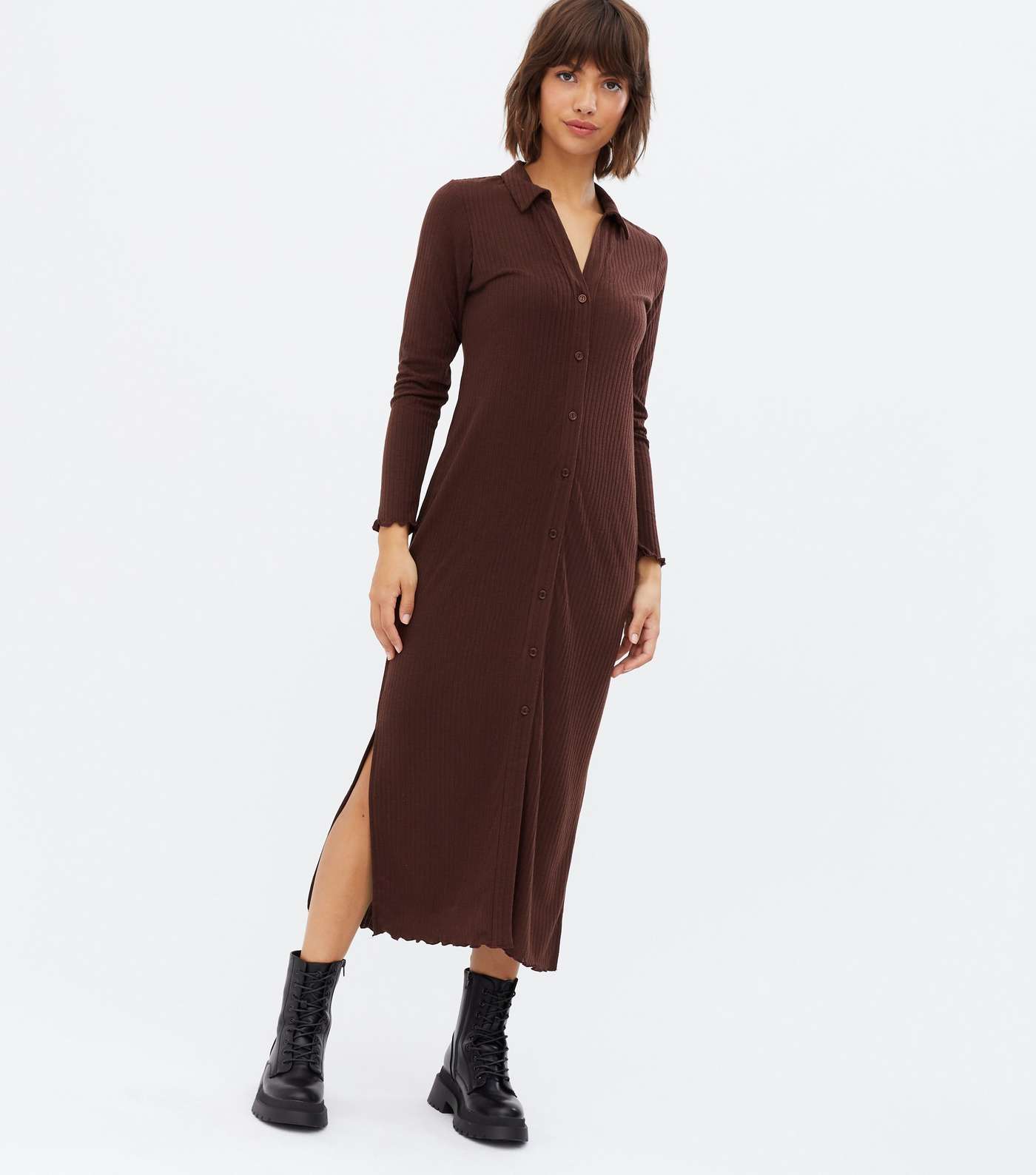 Dark Brown Ribbed Jersey Frill Midi Shirt Dress Image 2