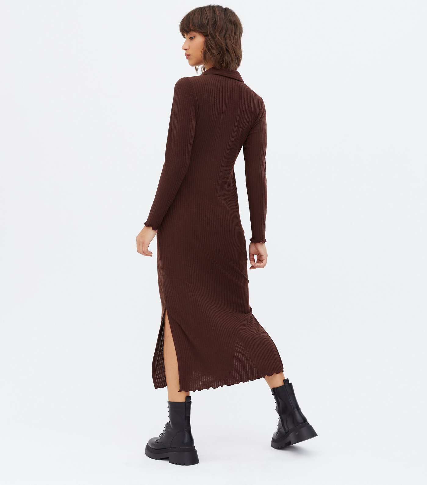 Dark Brown Ribbed Jersey Frill Midi Shirt Dress Image 4