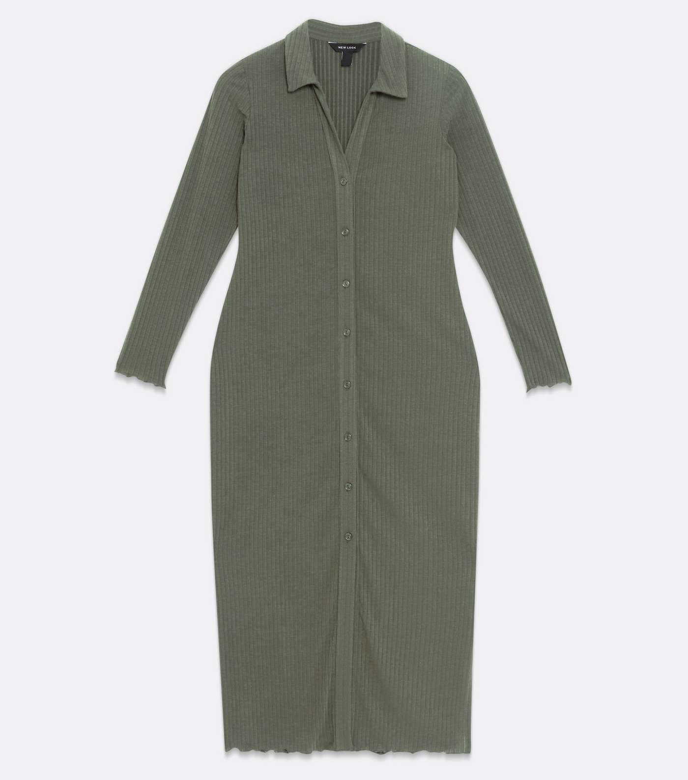 Khaki Ribbed Jersey Frill Midi Shirt Dress Image 5