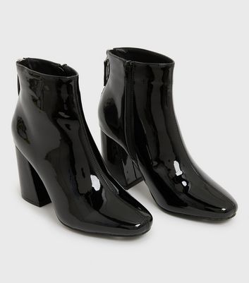 Black Patent Block Heel Ankle Boots | New Look