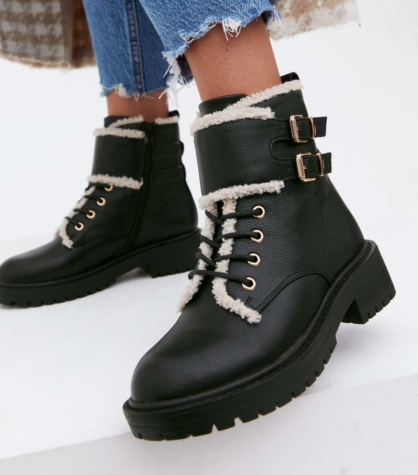 Black Faux Shearling Trim Chunky Boots Image 2